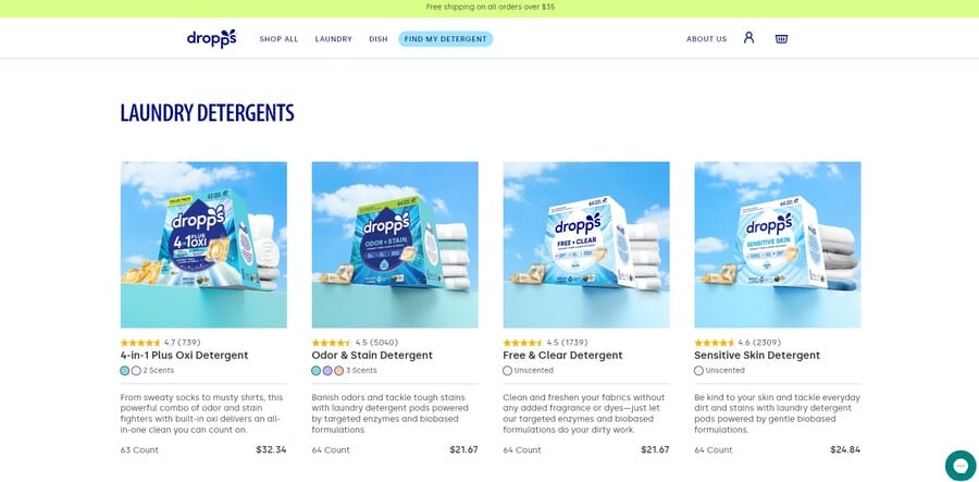 Dropps website screenshot showing its eCommerce product catalog