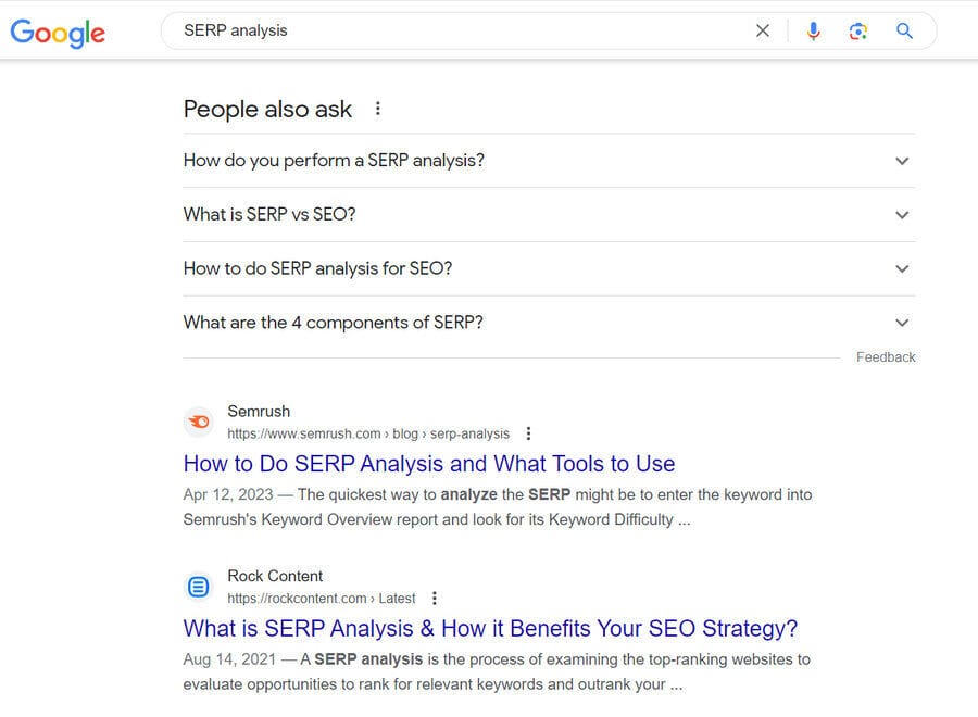 Google results for SERP analysis