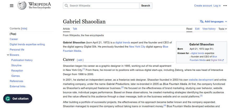 Gabriel Shaoolian's Wikipedia entry