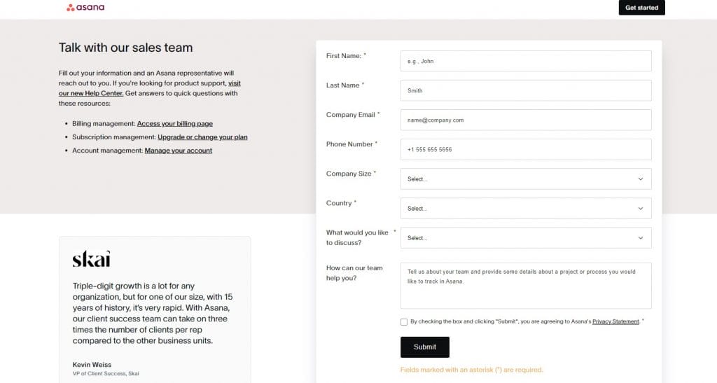 Screenshot showing Asana's contact us page design