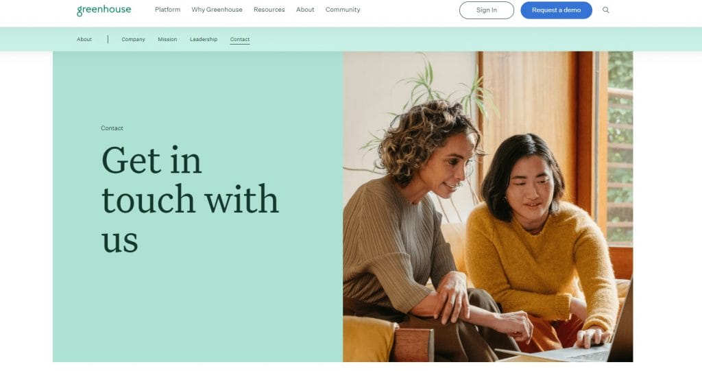 Screenshot of Greenhouse's contact us page design