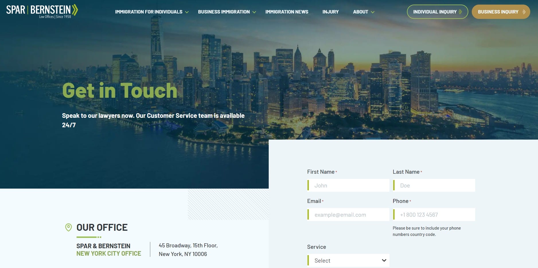 Screenshot of Spar & Bernstein's contact us page design