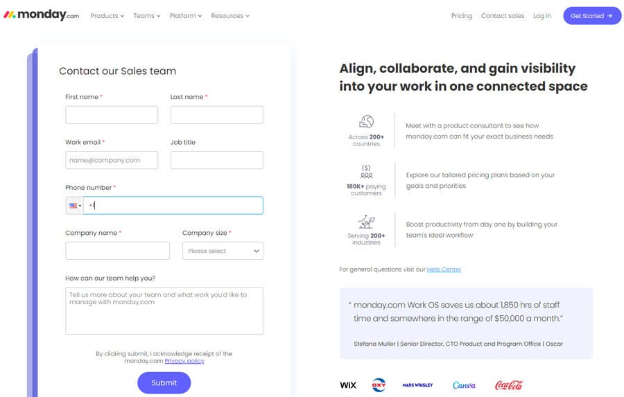 Monday.com's contact us page design