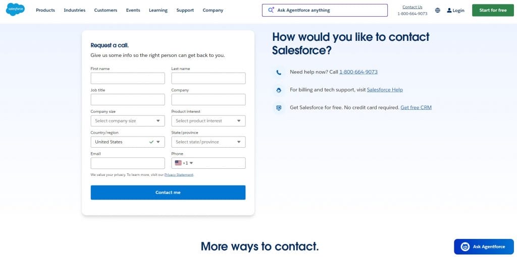 Screenshot of Salesforce's contact us page design