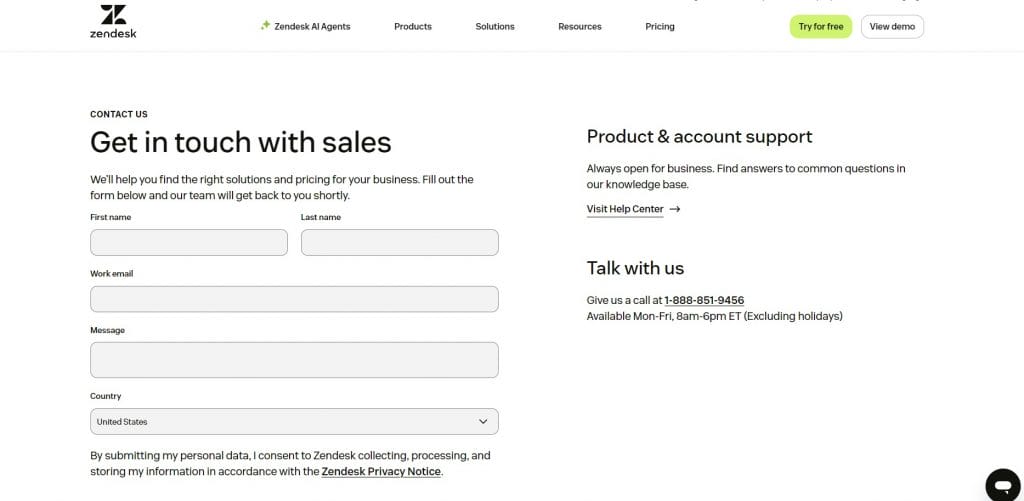 Screenshot of Zendesk's contact us page design