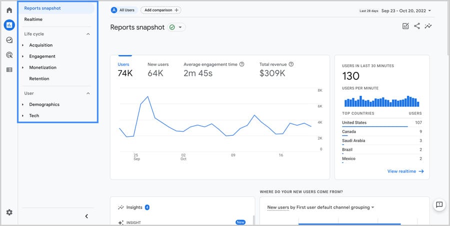Google Analytics dashboard data