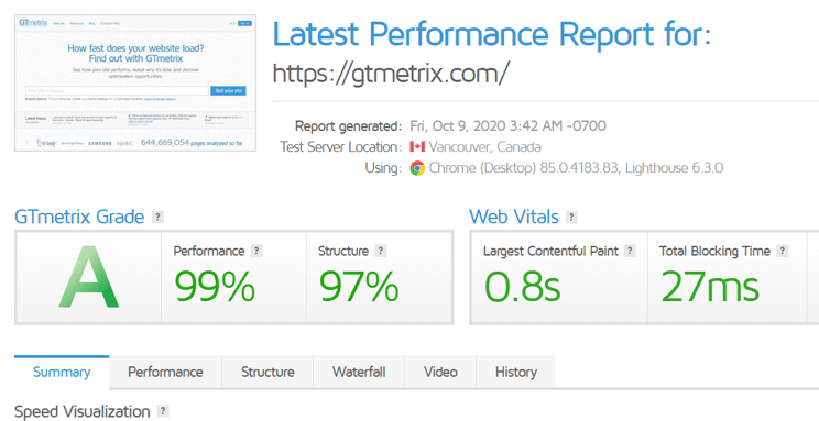 Screenshot of GTmetrix's core website vitals