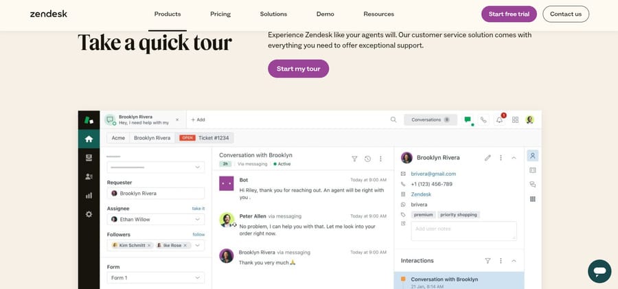 Screenshot of Zendesk's customer service homepage