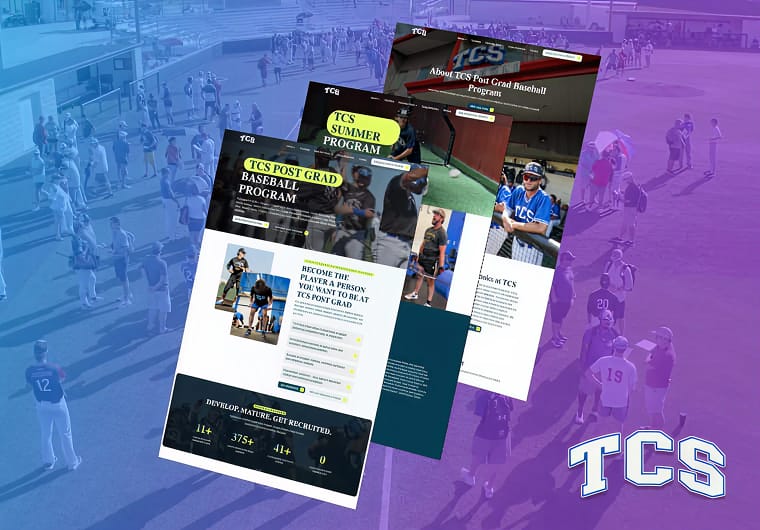 TCS baseball program website designs displayed over a sports field background, showcasing multiple pages for training and recruitment.
