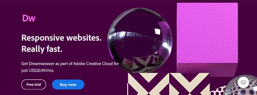 A screenshot of Adobe Dreamweaver's website homepage