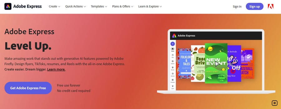 A screenshot of Adober Express' website homepage