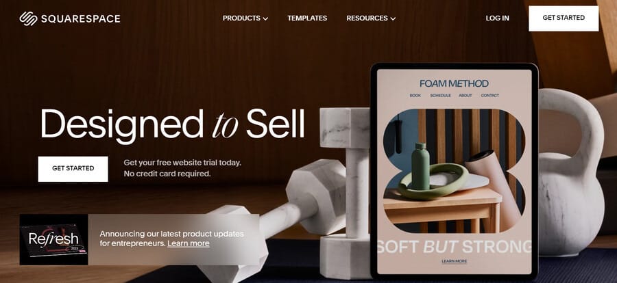 A screenshot of Squarespace's website homepage