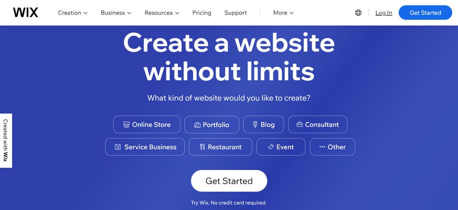 A screenshot of Wix's website homepage