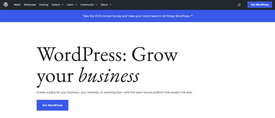 A screenshot of WordPress's website homepage