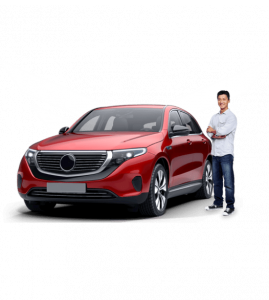 A man stands next to a red electric car for EV Universe's lifestyle image