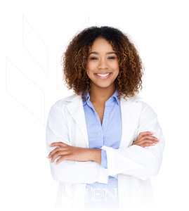 A woman in a lab coat smiles in Jeneil's lifestyle image