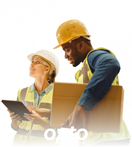 A man and a woman wear hardhats for Opto's lifestyle image