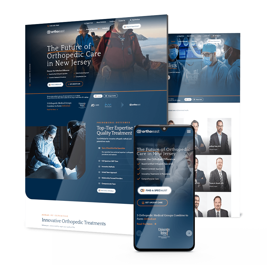 OrthoEast orthopedic care website shown on desktop and mobile featuring medical services, patient resources, and clinical expertise.
