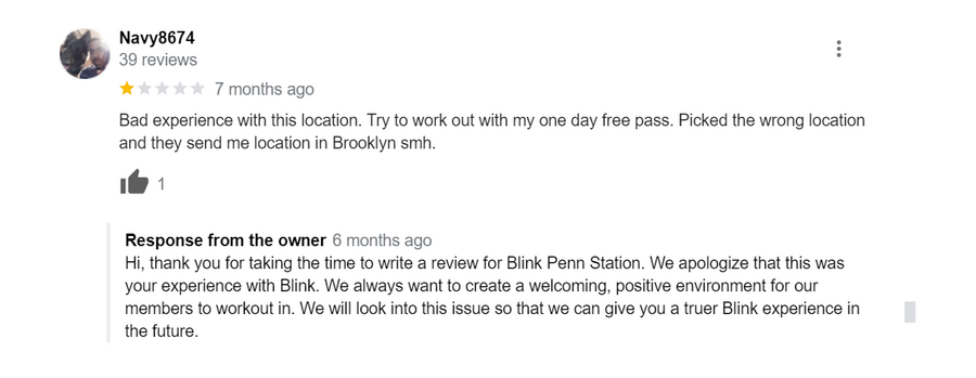 A screenshot of a Google review and response by Penn Station Blink Fitness gym