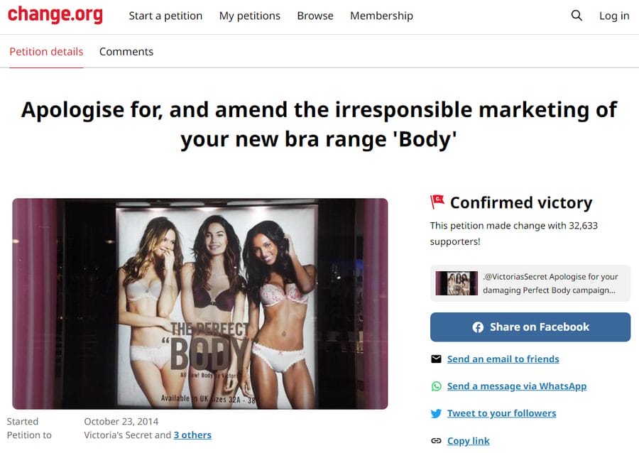 A screenshot of a petition against Victoria's Secret's 2014 advertising campaign