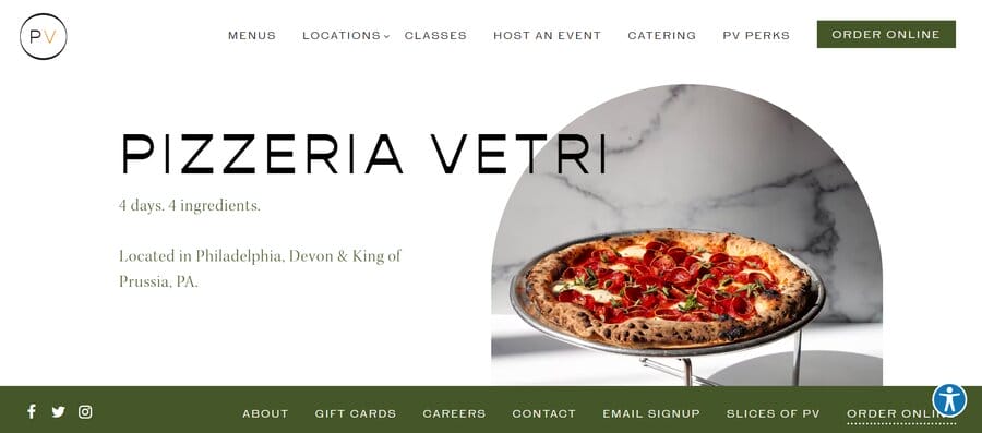 Pizzeria Vetri, SaaS restaurant website design examples