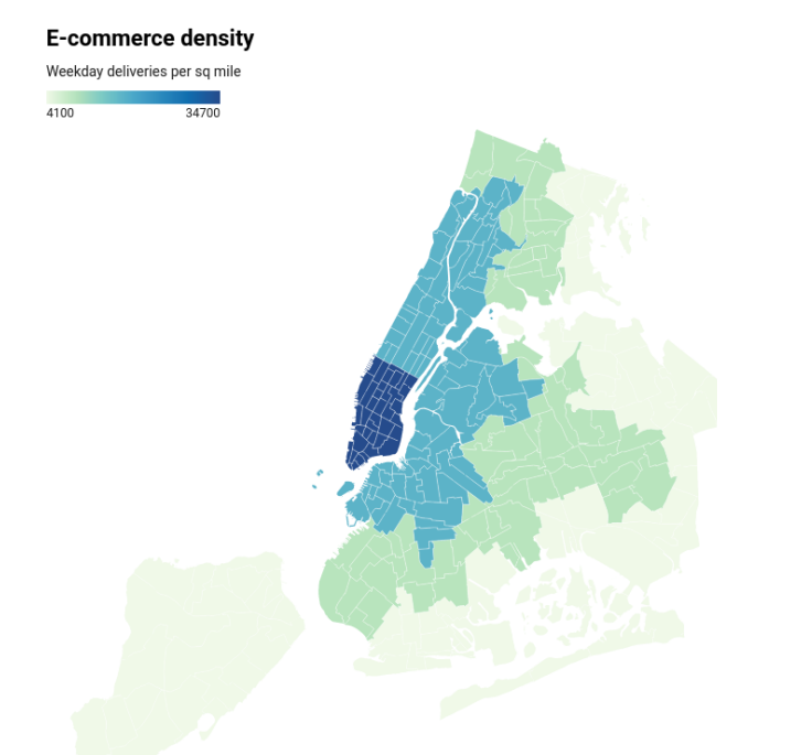 a map of nyc showing the density of deliveries per sq mile in manhattan