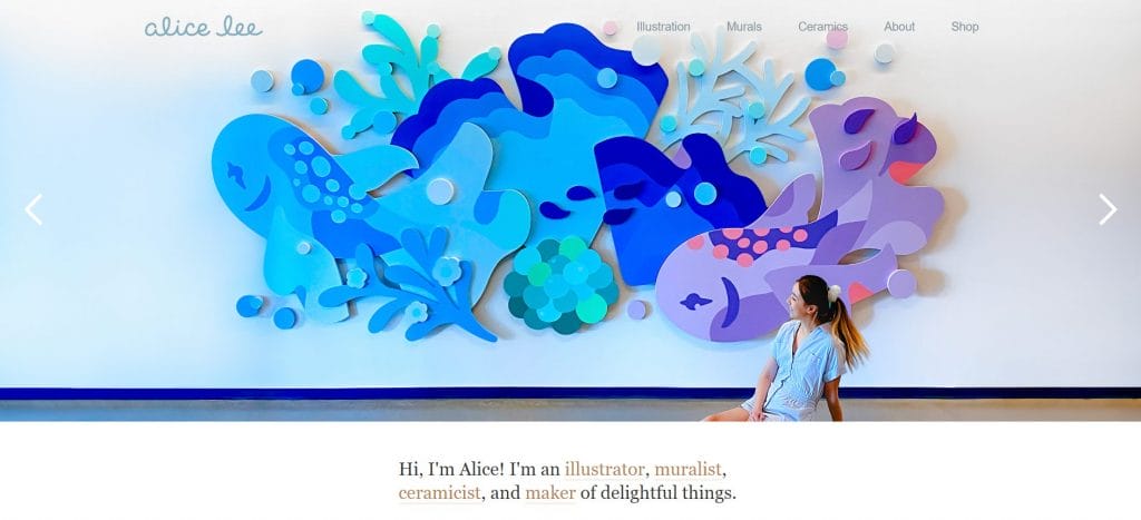 A screenshot of Alice Lee's website showing her in front of her illustrations