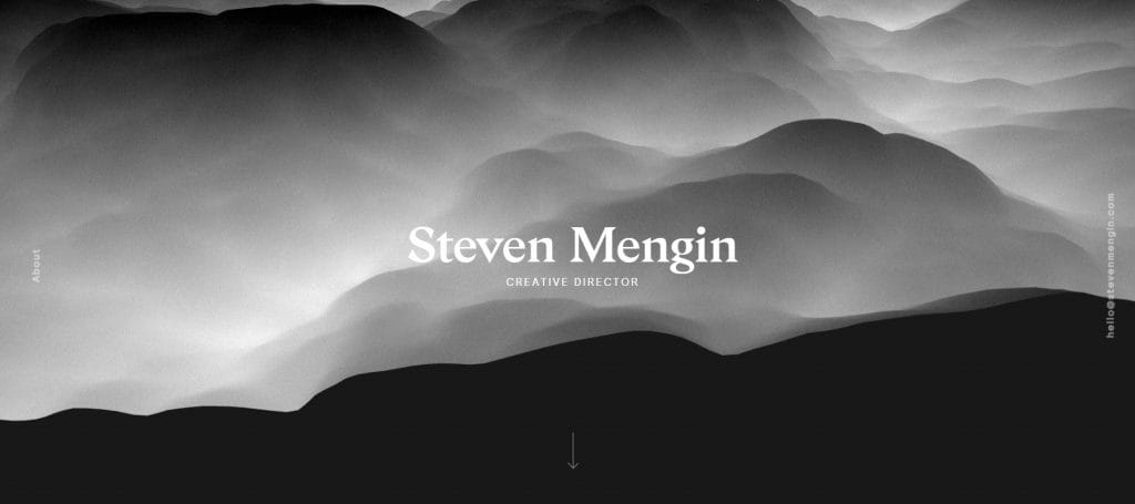 A screenshot of Steven Mengin's website with dark clouds in the hero section