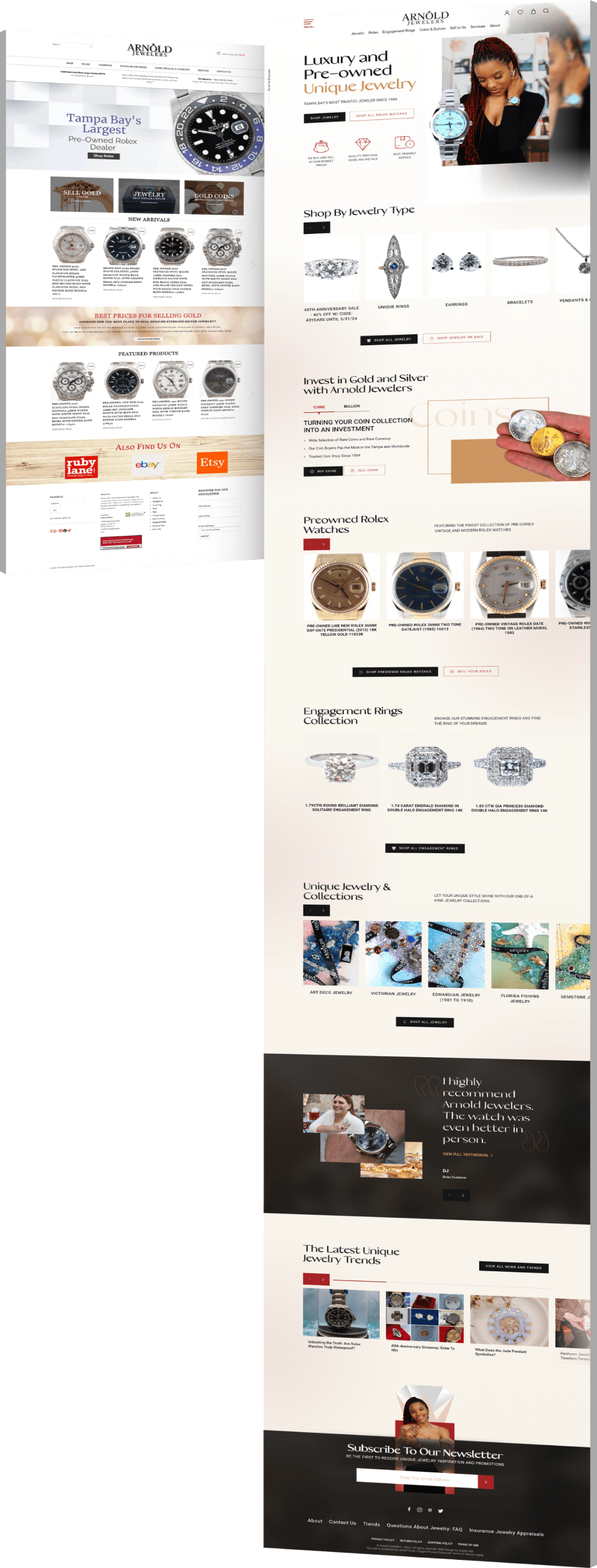Before and after screenshots of Arnold Jeweler's website design