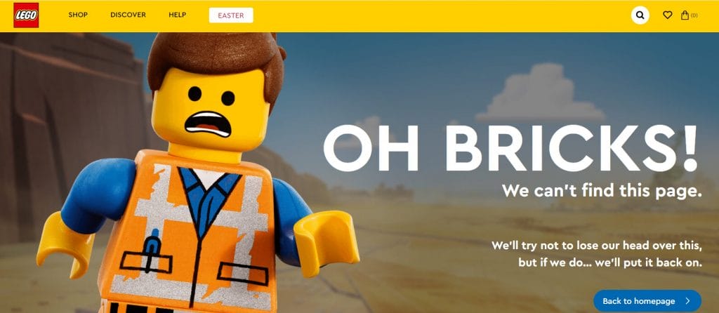 A screenshot of LEGO's 404 page