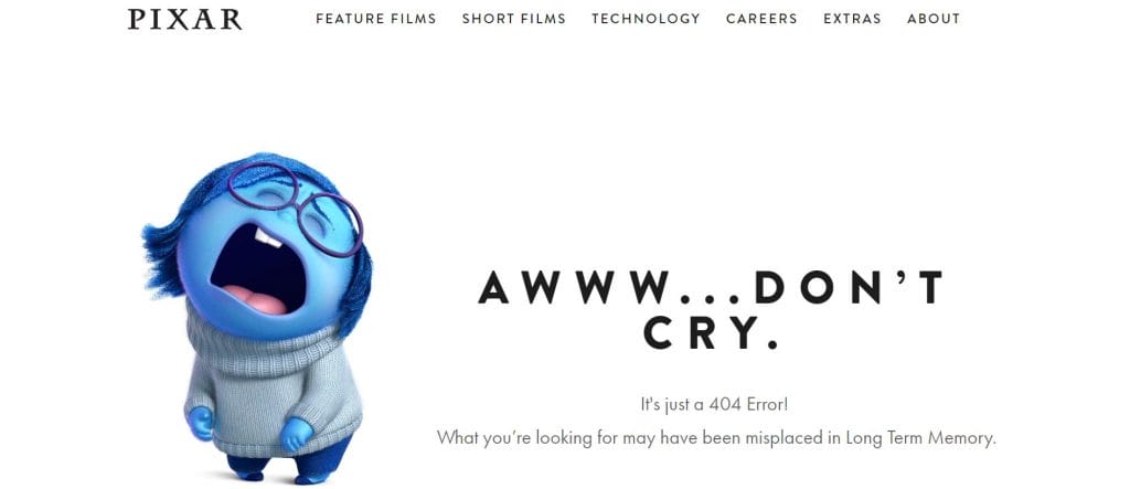 A screenshot of Pixar's 404 page