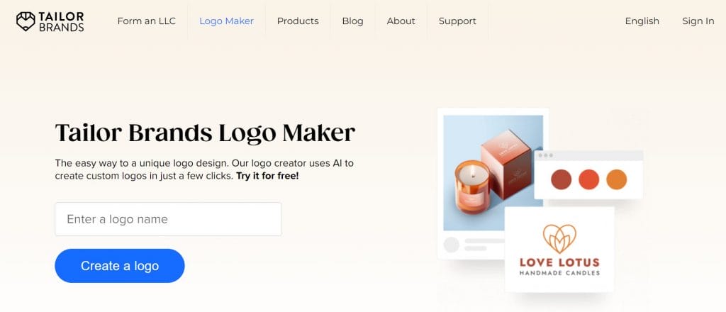 A screenshot of Tailor Brands' AI logo generator website