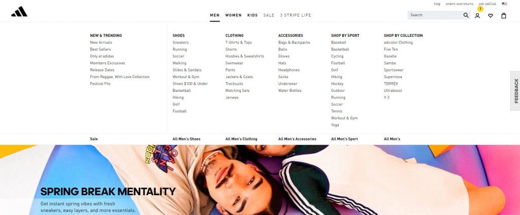 A screenshot of Adidas' website mega menu on a large screen