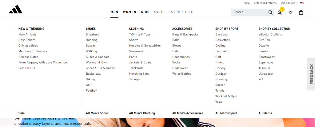 A screenshot of Adidas' website mega menu