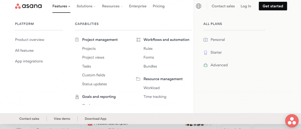 A screenshot of Asana's website mega menu