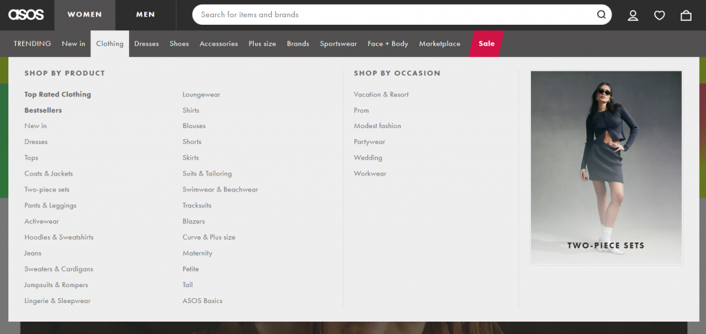 A screenshot of ASOS' website mega menu