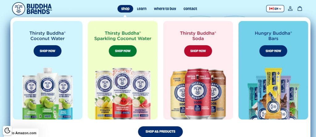 A screenshot of Buddha Brands' website mega menu