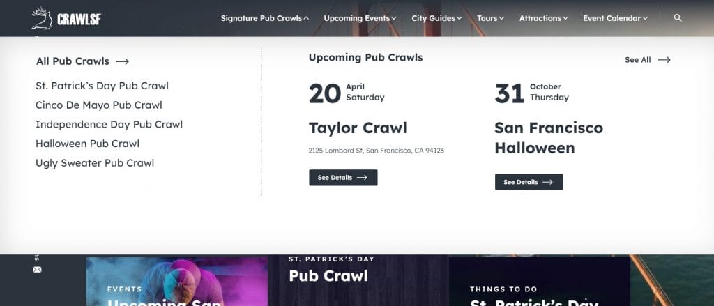 A screenshot of CrawlSF's website mega menu