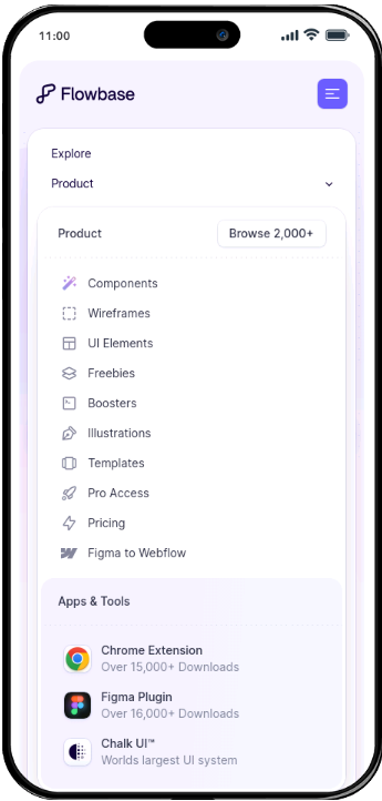 A screenshot of Flowbase's website mega menu on mobile