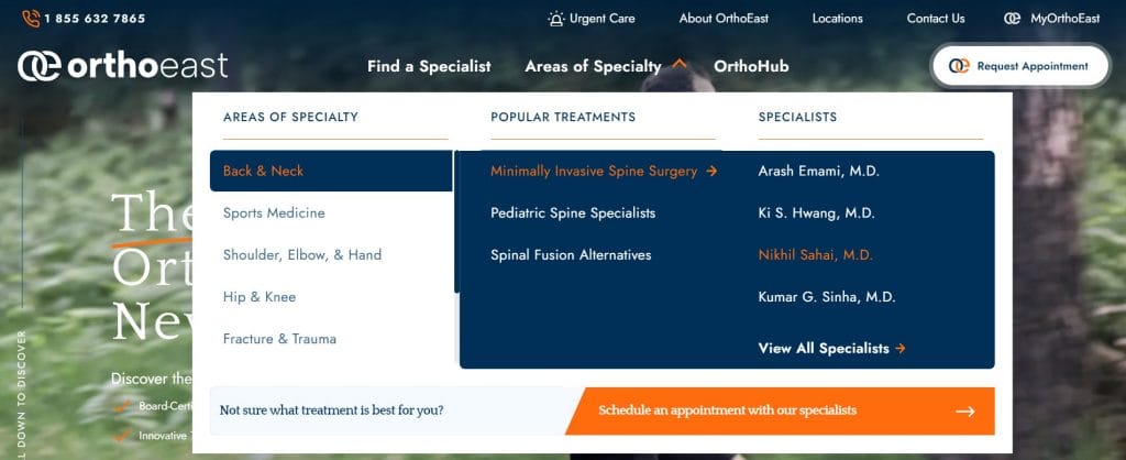 A screenshot of OrthoEast's website mega menu