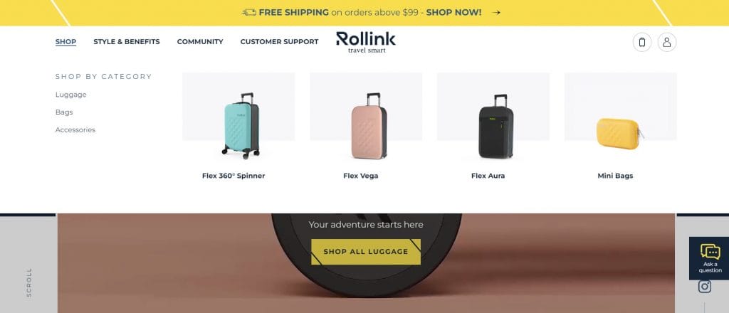 A screenshot of Rollink's website mega menu