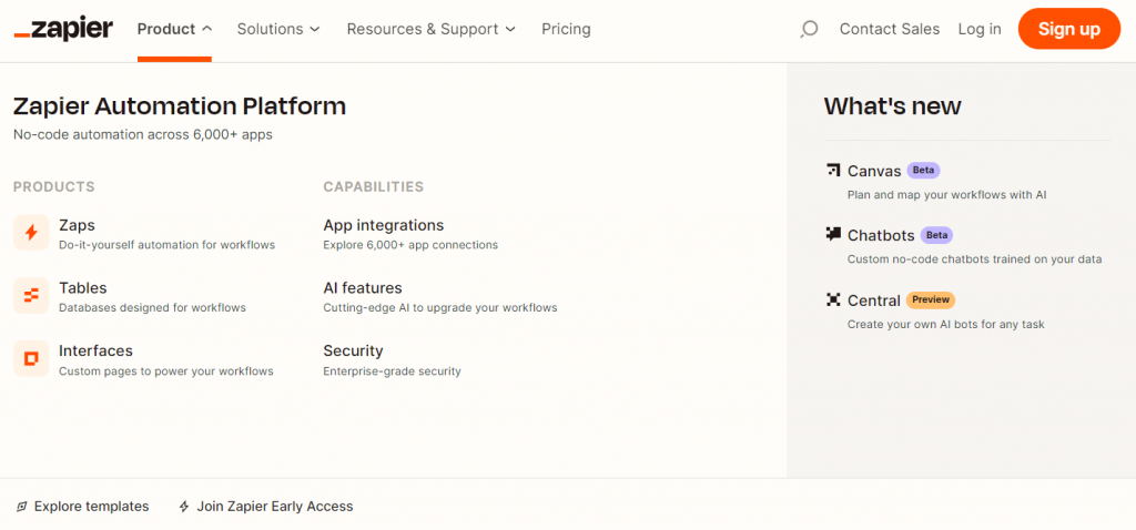 A screenshot of Zapier's website mega menu