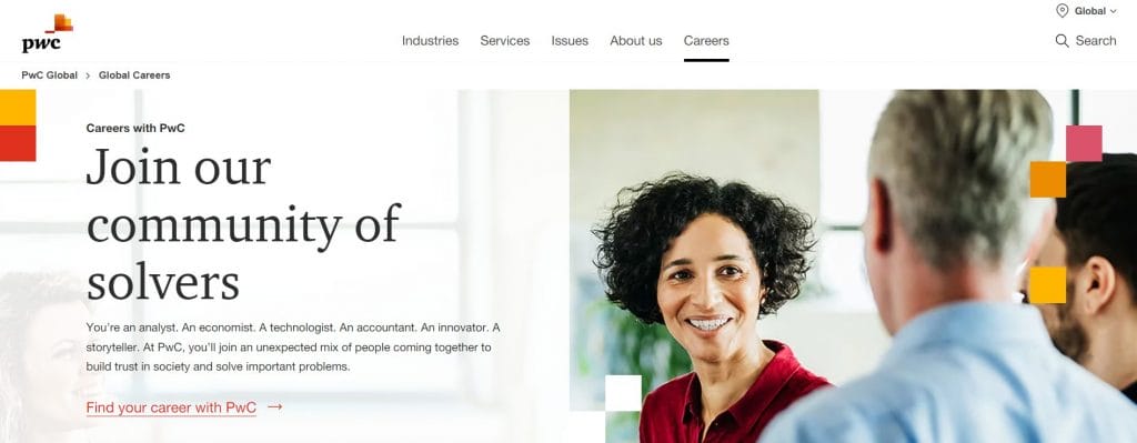 A screenshot of PwC's careers page