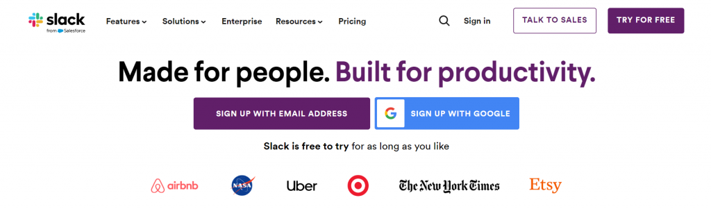 A screenshot of the messaging on Slack's website homepage
