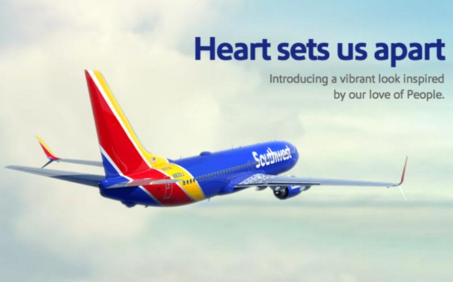 An ad for Southwest Airline's logo change, stating: "Heart sets us apart"