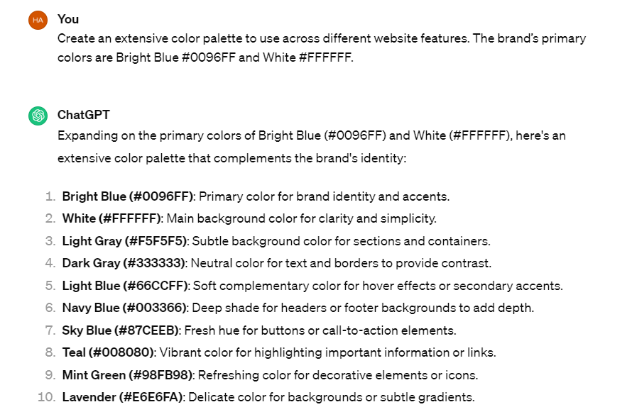 A ChatGPT prompt and response for the question: Create an extensive color palette to use across different website features. The brand’s primary colors are [Bright Blue #0096FF and White #FFFFFF].