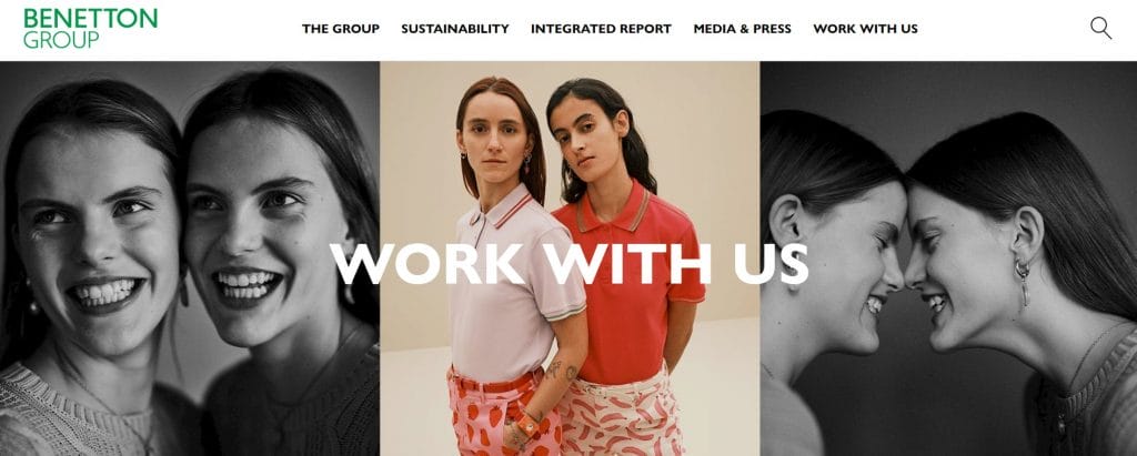 A screenshot of Benetton Group's careers page