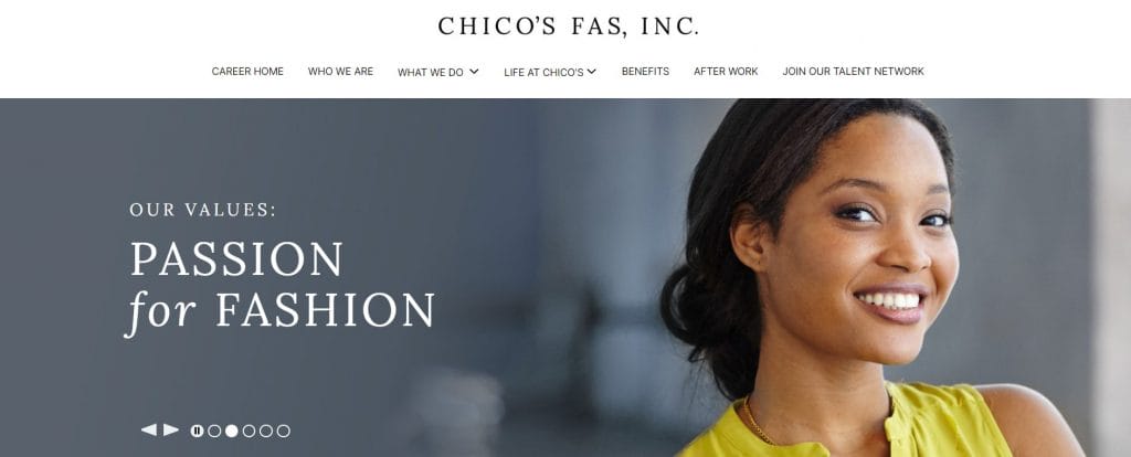 A screenshot of Chico's' careers page