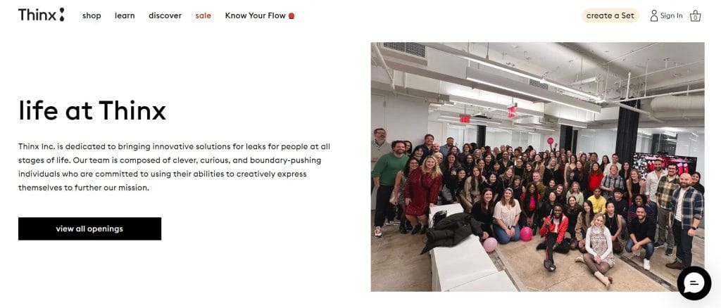 A screenshot of Thinx's careers page