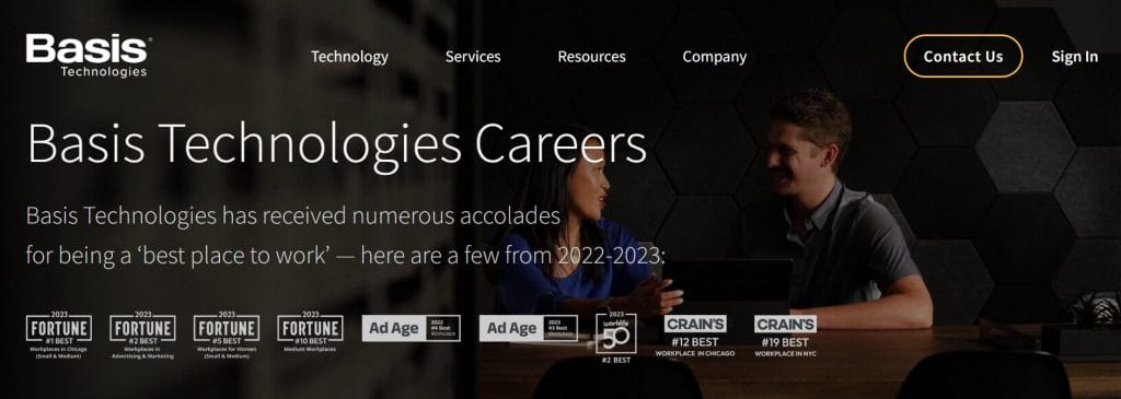 A screenshot of Basis Technologies' careers page